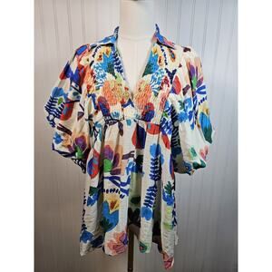 Entro Vibrant Floral Smocked Blouse Women's Size S Bohemian Colorful Party